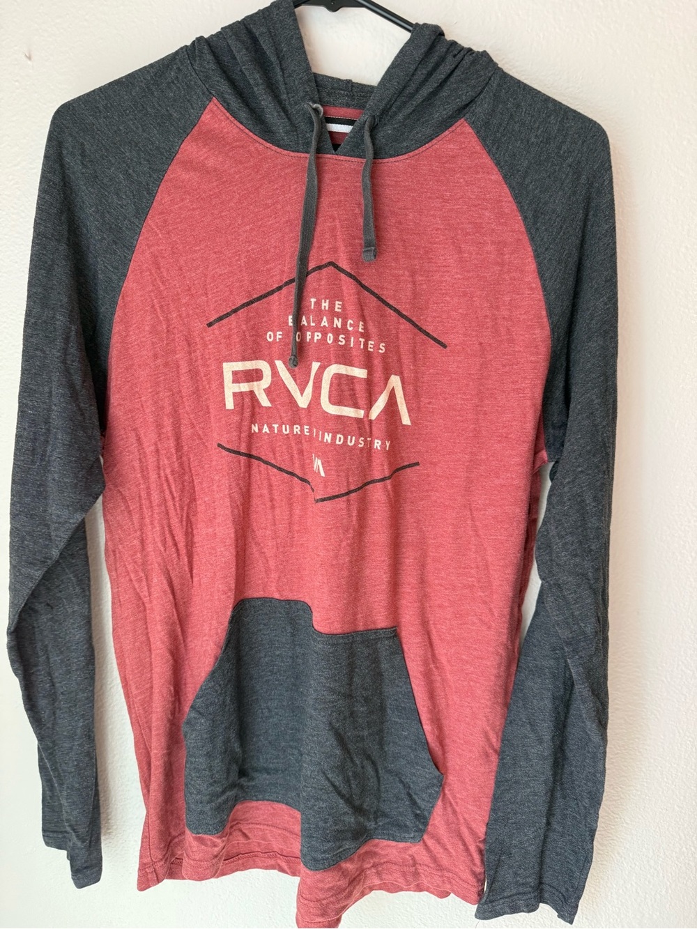 RVCA Two-Tone Red and Charcoal Crewneck Hooded Pullover